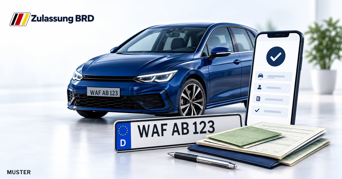 Online Fahrzeugzulassung in Landkreis Warendorf: Musterkennzeichen WAF AB 123, Auto und Fahrzeugpapiere und Smartphone. Illustration mit Logo von Zulassung BRD.